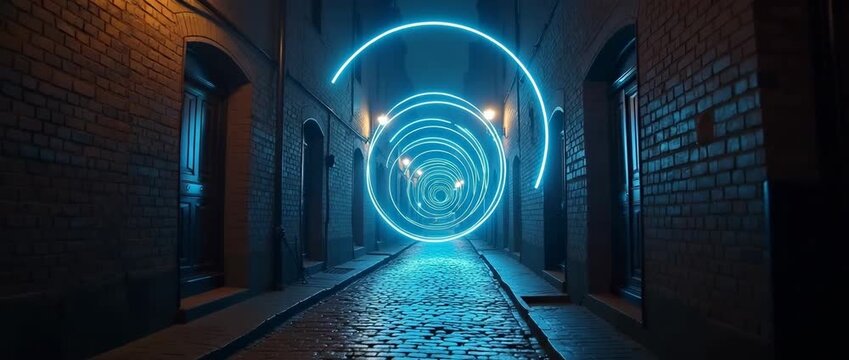 Neon spiral lights twist and rotate down a cobblestone alley, as the camera gently tracks forward, capturing the serene glow and soft ambient flicker in a cinematic style.