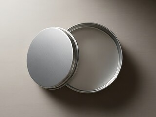Elevated view of a minimalist metal tin packaging with lid adjacent