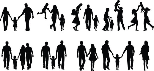 Silhouettes of diverse happy families with parents and children holding hands, walking, and playing, symbolizing strong family bonds, parental love, and joyful childhood moments in vector art.