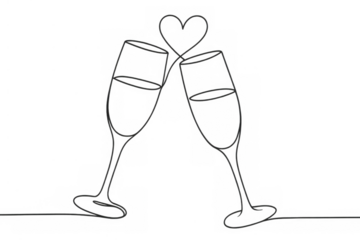 Two champagne flutes forming a heart, drawn in a continuous line style, symbolizing love, celebration, and romance on a transparent background