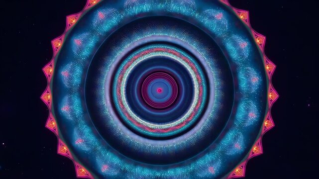 A vibrant, symmetrical mandala in neon colors against a dark, starry sky