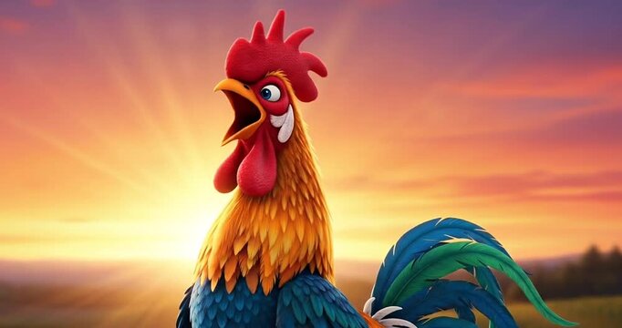 Colorful rooster crowing at sunrise in a serene countryside with vibrant skies