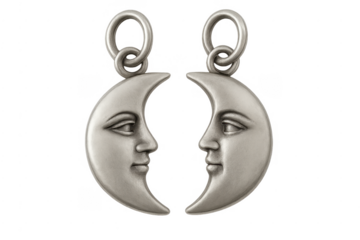 Matching silver crescent moon pendants facing each other