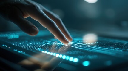 A close-up of a hand touching a glowing interface, highlighting technology and digital interaction.