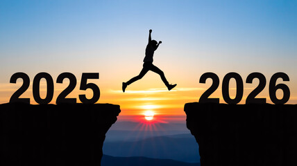 A digital illustration showing a silhouette of a person jumping between two dark cliffs labeled 2025 on the left and 2026 on the righ