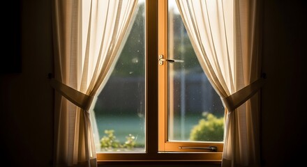 Serene view through window with soft beige curtains and distant trees