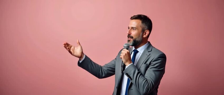 Confident speaker in a gray suit delivers a compelling speech with animation, as the camera slowly pans across the minimalist pink backdrop, creating a dynamic, cinematic atmosphere.