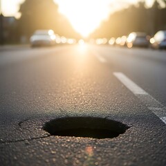 Sunlit asphalt road with damaged surface exposing an unseen deep hole
