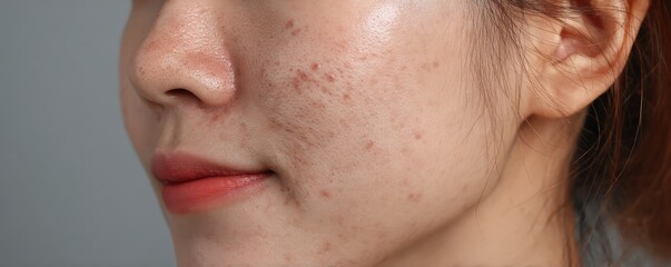 A close-up of a woman's face highlighting skin texture, including acne scars and natural glow.