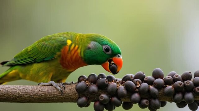 Green and orange parrot eating berries.