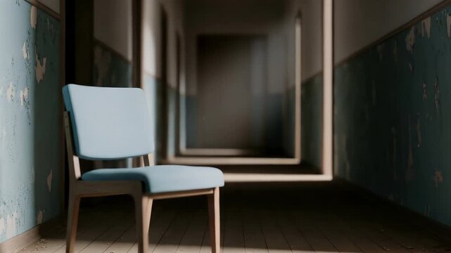 Empty Blue Chair in Dilapidated Hallway With Peeling Walls and Dramatic Light Rays