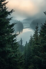 Serene forest lake at dawn