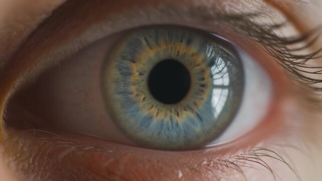 Detailed human blue iris and pupil staring forward in macro studio setting for biometric scanning ophthalmology vision health checkup identity verification sight medical examination optical gaze.