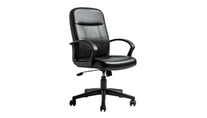 Fototapeta premium Black, ergonomic office chair on a black background, slightly angled, modern and minimalist