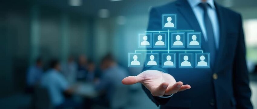 Business professional presenting digital organizational chart, with holographic icons gently rotating; the camera pans slowly in a sleek, cinematic office setting.
