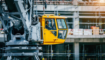 Crane operator controls heavy machinery in construction site cabin with caution and precision