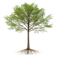 Beautiful tree with lush green leaves stands tall against transparent background, showcasing its intricate branches and roots