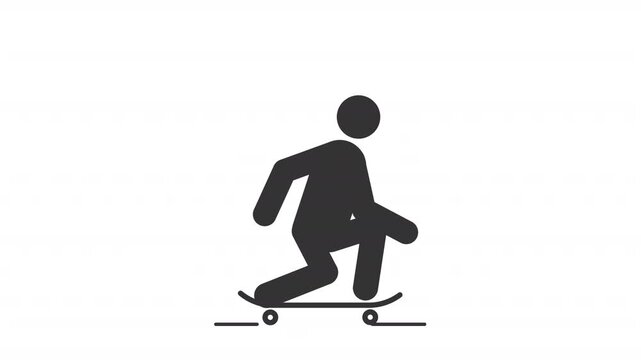 Skateboarding stickman animation silhouette. Person performing ollie on the skateboard. Trick board. Simple human stick figure. Solid glyph pictogram HD video. Dynamic person movement