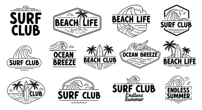 Collection of vintage monochrome surf club and beach life logos.