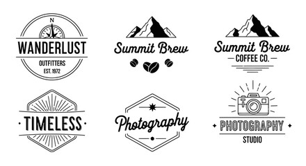 Fototapeta premium Collection of Vintage Style Logos Featuring Mountains, Cameras, and Compass.