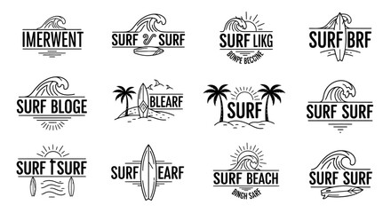 Collection of vintage surf themed emblems and logos with waves and surfboards. © Yuni
