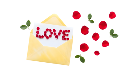 Envelope with love message and roses isolated on transparent background