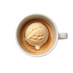 Creamy ice cream sits atop rich espresso in white cup against transparent background, creating delightful dessert experience