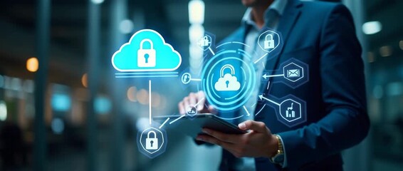 Business professional interacts with digital data on a tablet, while glowing icons animate in a futuristic office; camera slowly pans, creating a cinematic exploration of technology and innovation. - Powered by Adobe