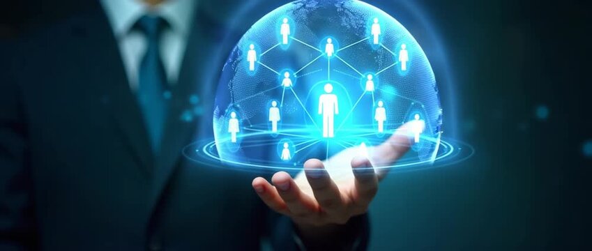 Business professional presenting a digital network hologram, with dynamic connections illuminating and camera smoothly panning, in a cinematic, tech-focused setting.