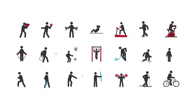 Physical activities stick figures glyphs animation set. Healthcare fitness, relaxing sports. Competitive games. Ball sports. Animated stickman icon pack. Black solid pictograms motion