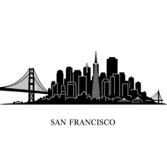 Fototapeta premium San Francisco Skyline Silhouette with Golden Gate Bridge and City Buildings.