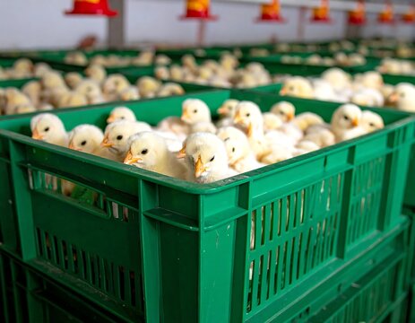 Baby chicks overflowing from a green, plastic crate