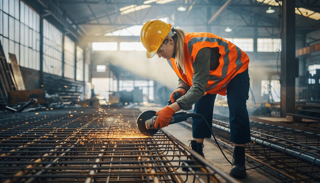 Construction worker grinding metal rebar on a construction site - Powered by Adobe