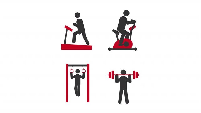 Common gym exercises stick figures glyphs animation set. Different types of cardiovascular training. Weights powerlifting. Animated stickman icon pack. Black solid pictograms motion