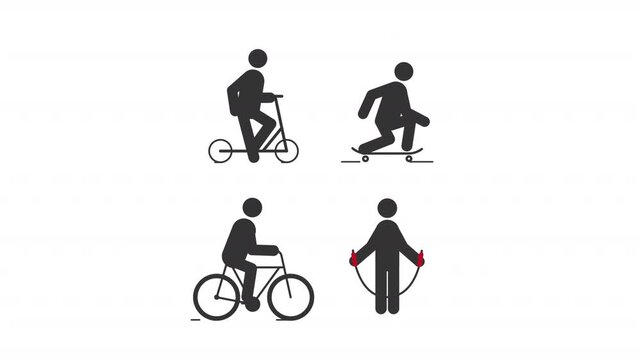 Outdoor hobbies stick figures glyphs animation set. Bike riding, skipping workout. Healthcare training. Personal transport. Animated stickman icon pack. Black solid pictograms motion