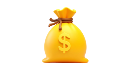 A vibrant yellow cartoon bag, knotted shut, bearing a prominent gold dollar sign