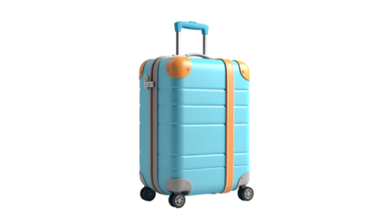 3D rendered, light blue rolling suitcase with orange accents, on a black background