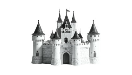 A grand, white fairytale castle with tall turrets and a dark roof against a black background