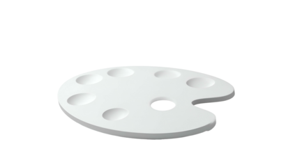 A white artist's palette with rounded wells, slightly angled on a black background