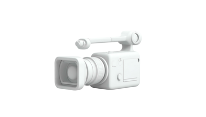 Simple, three-dimensional, white video camera with lens, handle, and buttons, on black background