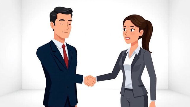 Cartoon businessman and businesswoman shaking hands in a white, empty room