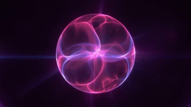Luminous pink plasma orb glowing and swirling inside dark void black background representing abstract science technology concept with electric energy waves and magic magical auras lights effects