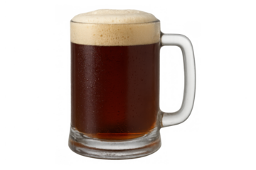 Cold frothy dark beer mug with condensation, refreshing alcoholic drink, a classic ale beverage for celebrations