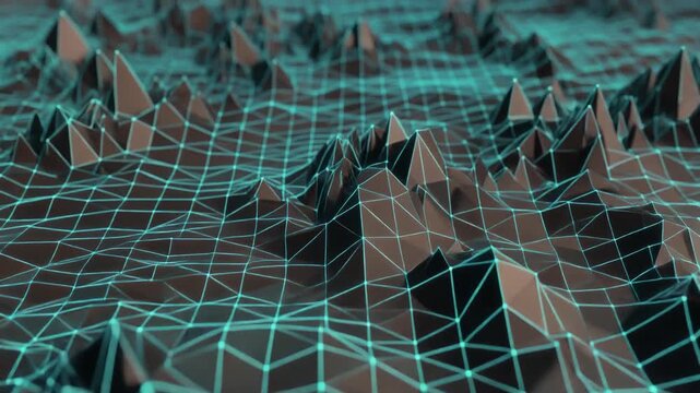 3D wireframe terrain forming sharp peaks in virtual space for cybersecurity data visualization network infrastructure geometry futuristic landscape poly background tech grid link connectivity