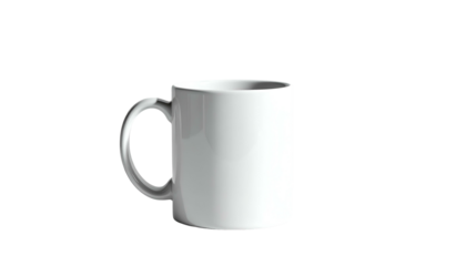 A pristine white cylindrical mug with a silver handle, isolated against a solid black background