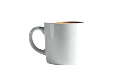 A white ceramic mug filled with dark liquid, handle to the left, isolated on black