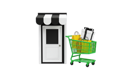 Shopping Cart with Gifts and Bags Near Storefront