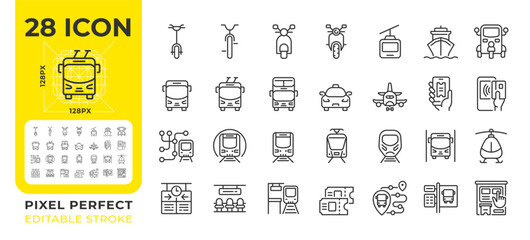 Public transport pixel perfect line icons set. Shared mobility system. Traffic regulation. Vehicle types. Isolated vector outline illustrations. Thin lineart iconset symbols. Editable stroke