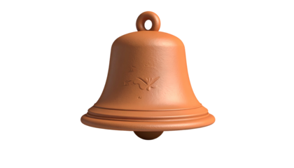 A textured terracotta-colored bell with a loop on top, centered on a black background