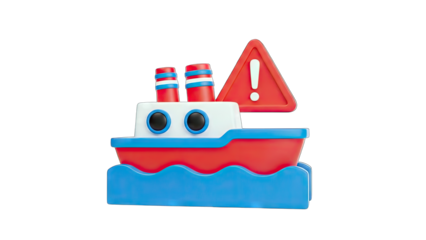 3D Cartoon Boat with Warning Sign - Danger Concept